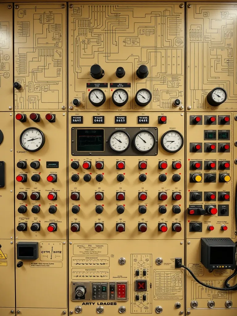 Industrial control panel with many switches and dials, techn
